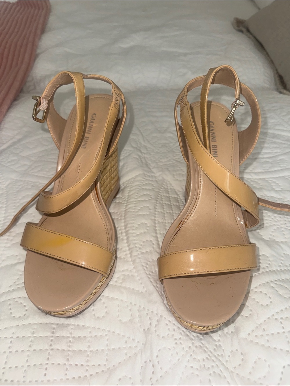 Gianni Bini Beige Patent Wedge Sandals